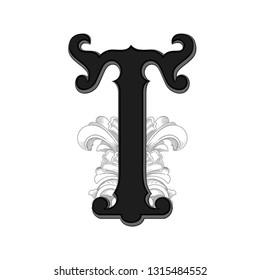 Vector illustration of uppercase ancient letter T with decorations isolated on white background.Antique Letter with baroque ornamentation. Elegant black capital letter to use monograms, logos,emblems