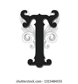 Vector illustration of uppercase ancient letter T with decorations isolated on white background.Antique Letter with baroque ornamentation. Elegant black capital letter to use monograms, logos,emblems
