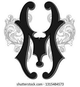 Vector illustration of uppercase ancient letter M with decorations isolated on white background.Antique Letter with baroque ornamentation. Elegant black capital letter to use monograms, logos,emblems