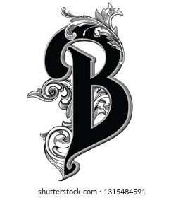 Vector illustration of uppercase ancient letter B with decorations isolated on white background.Antique Letter with baroque ornamentation. Elegant black capital letter to use monograms, logos,emblems