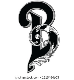 Vector illustration of uppercase ancient letter B with decorations isolated on white background.Antique Letter with baroque ornamentation. Elegant black capital letter to use monograms, logos,emblems