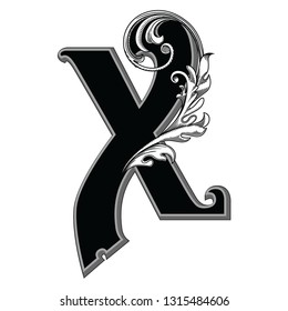 Vector illustration of uppercase ancient letter X with decorations isolated on white background.Antique Letter with baroque ornamentation. Elegant black capital letter to use monograms, logos,emblems