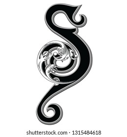 Vector illustration of uppercase ancient letter S with decorations isolated on white background.Antique Letter with baroque ornamentation. Elegant black capital letter to use monograms, logos,emblems