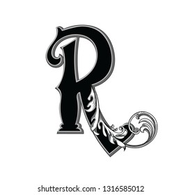 Vector illustration of uppercase ancient letter R with decorations isolated on white background.Antique Letter with baroque ornamentation. Elegant black capital letter to use monograms, logos,emblems