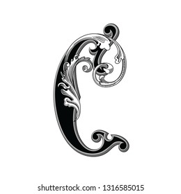 Vector illustration of uppercase ancient letter C with decorations isolated on white background.Antique Letter with baroque ornamentation. Elegant black capital letter to use monograms, logos,emblems