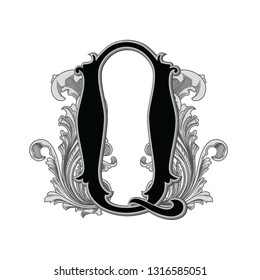 Vector illustration of uppercase ancient letter Q with decorations isolated on white background.Antique Letter with baroque ornamentation. Elegant black capital letter to use monograms, logos,emblems