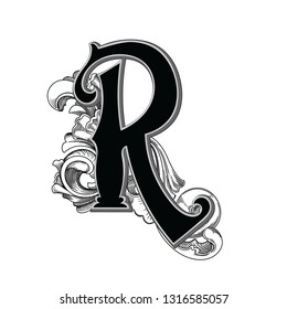 Vector illustration of uppercase ancient  letter R with decorations isolated on white background.Antique Letter with baroque ornamentation. Elegant black capital letter to use monograms, logos,emblems