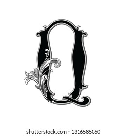 Vector illustration of uppercase ancient letter  Q with decorations isolated on white background.Antique Letter with baroque ornamentation. Elegant black capital letter to use monograms, logos,emblems