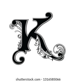 Vector illustration of uppercase ancient letter K with decorations isolated on white background.Antique Letter with baroque ornamentation. Elegant black capital letter to use monograms, logos,emblems