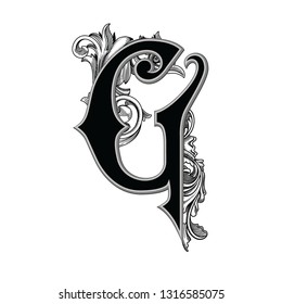 Vector illustration of uppercase ancient letter G  with decorations isolated on white background.Antique Letter with baroque ornamentation. Elegant black capital letter to use monograms, logos,emblems