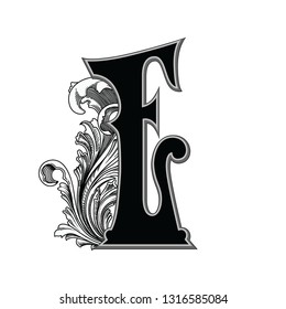 Vector illustration of uppercase ancient letter E with decorations isolated on white background.Antique Letter with baroque ornamentation. Elegant black capital letter to use monograms, logos,emblems