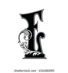 Vector illustration of uppercase ancient letter E with decorations isolated on white background.Antique Letter with baroque ornamentation. Elegant black capital letter to use monograms, logos,emblems