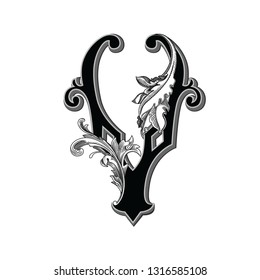 Vector illustration of uppercase ancient letter V with decorations isolated on white background.Antique Letter with baroque ornamentation. Elegant black capital letter to use monograms, logos,emblems