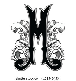 Vector illustration of uppercase ancient M letter with decorations isolated on white background.Antique Letter with baroque ornamentation. Elegant black capital letter to use monograms, logos,emblems