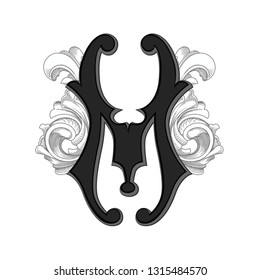 Vector illustration of uppercase ancient M  letter with decorations isolated on white background.Antique Letter with baroque ornamentation. Elegant black capital letter to use monograms, logos,emblems