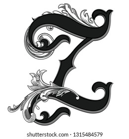 Vector illustration of uppercase ancient Z letter with decorations isolated on white background.Antique Letter with baroque ornamentation. Elegant black capital letter to use monograms, logos,emblems