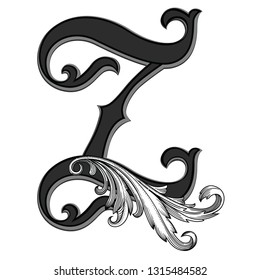 Vector illustration of uppercase ancient Z letter with decorations isolated on white background.Antique Letter with baroque ornamentation. Elegant black capital letter to use monograms, logos,emblems