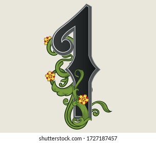 Vector illustration of uppercase font,  decorations isolated on white background.Antique character I , floral baroque ornament.Elegant black capital letter with green heraldic plant and flowers.Txt 