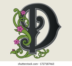 Vector illustration of uppercase font,  decorations isolated on white background.Antique character D , floral baroque ornament.Elegant black capital letter with green heraldic plant and flowers.Txt 