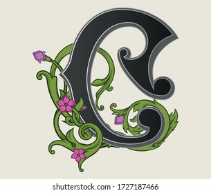 Ilustración vectorial del tipo de letra superior con decoraciones aisladas en fondo blanco.Tipo de letra antiguo con ornamento barroco floral.Letra elegante mayúscula negra con plantas y flores heráldicas verdes.Txt 