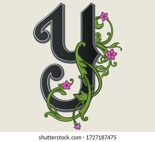 Vector Illustration der Großbuchstabe mit auf weißem Hintergrund isolierten Dekorationen.Antike Schriftart mit blumenbarocken Ornamenten.Eleganter schwarzer Großbuchstabe mit grüner heraldischer Pflanze und Blumen.Txt 
