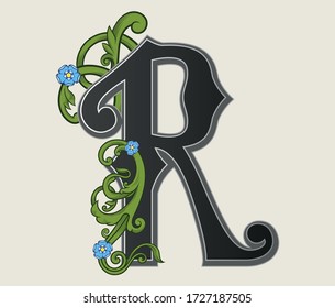 Vector illustration of uppercase font,  decorations isolated on white background.Antique character R , floral baroque ornament.Elegant black capital letter with green heraldic plant and flowers.Txt 