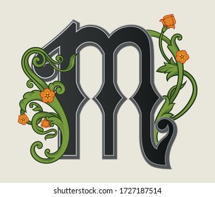 Vector illustration of uppercase font,  decorations isolated on white background.Antique character Mwith floral baroque ornament.Elegant black capital letter with green heraldic plant and flowers.Txt 