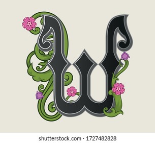 Vector illustration of uppercase font with decorations isolated on white background.Antique font with floral baroque ornament.Elegant black capital letter with green heraldic plant and flowers.Txt 
