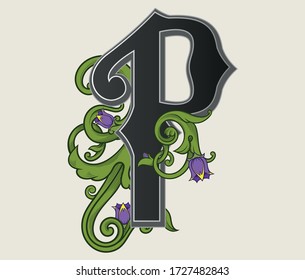 Vector illustration of uppercase font with decorations isolated on white background.Antique font with floral baroque ornament.Elegant black capital letter with green heraldic plant and flowers.Txt 