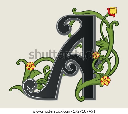 Vector illustration of uppercase font,  decorations isolated on white background.Antique character A , floral baroque ornament.Elegant black capital letter with green heraldic plant and flowers.Txt 