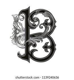 Vector illustration of uppercase letter B with decorations isolated on white background.Elegant  antique Letter with baroque ornamentation. Elegant black capital letter to use monograms, logos,emblems