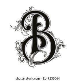 Vector illustration of uppercase letter  B with decorations isolated on white background.Antique Letter with baroque ornamentation. Elegant black capital letter to use monograms, logos,emblems