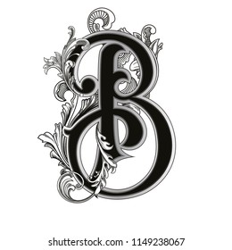 Vector illustration of uppercase letter B with decorations isolated on white background.Antique Letter with baroque ornamentation. Elegant black capital letter to use monograms, logos,emblems