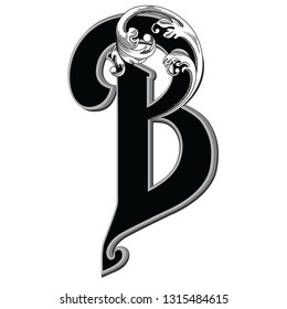 Vector illustration of uppercase letter  B with decorations isolated on white background.Antique Letter with baroque ornamentation. Elegant black capital letter to use monograms, logos,emblems