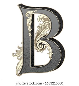 Vector illustration of uppercase letter  B with decorations isolated on white background.Antique Letter with baroque ornamentation. Elegant black capital letter to use monograms, logos,emblems