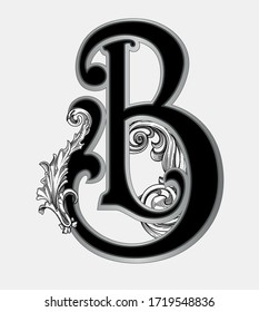 Vector illustration of uppercase letter B with decorations isolated on white background.Antique Letter B with baroque ornamentation. Elegant black capital letter to use monograms, logos,emblems, fonts