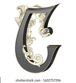 Vector illustration of uppercase letter C 
 with decorations isolated on white background.Antique Letter with baroque ornamentation. Elegant black capital letter to use monograms, logos,emblems