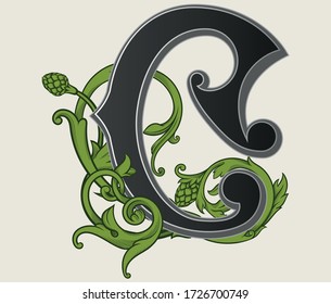 Vector illustration of uppercase letter C with decorations isolated on white background.Antique Letter with baroque ornamentation. Elegant black capital letter with beer hops