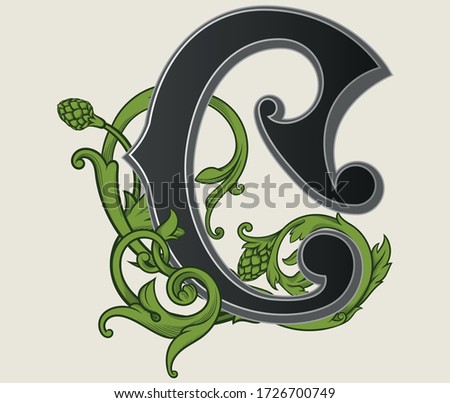 Vector illustration of uppercase letter C with decorations isolated on white background.Antique Letter with baroque ornamentation. Elegant black capital letter with beer hops
