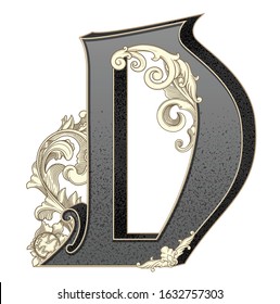 Vector illustration of uppercase letter 
D with decorations isolated on white background.Antique Letter with baroque ornamentation. Elegant black capital letter to use monograms, logos,emblems