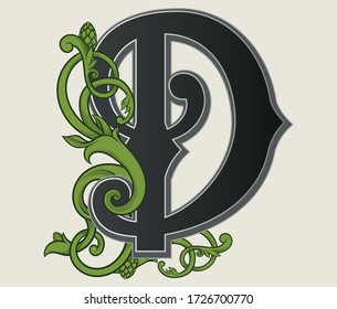 Vector illustration of uppercase letter D with decorations isolated on white background.Antique Letter with baroque ornamentation. Elegant black capital letter with beer hops