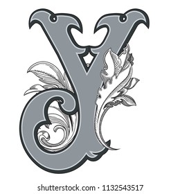 Vector illustration of uppercase letter with decorations isolated on white background.Elegant  antique Letter Y with baroque ornamentation. Elegant black capital letter to use monograms, logos,emblems
