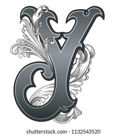 Vector illustration of uppercase letter with decorations isolated on white background.Elegant  antique Letter Y with baroque ornamentation. Elegant black capital letter to use monograms, logos,emblems