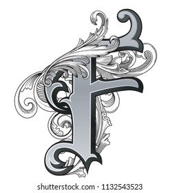 Vector illustration of uppercase letter with decorations isolated on white background.Elegant  antique Letter F with baroque ornamentation. Elegant black capital letter to use monograms, logos,emblems