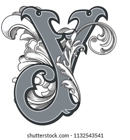 Vector illustration of uppercase letter with decorations isolated on white background.Elegant  antique Letter Y with baroque ornamentation. Elegant black capital letter to use monograms, logos,emblems