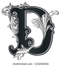 Vector illustration of uppercase letter with decorations isolated on white background.Elegant  antique Letter D with baroque ornamentation. Elegant black capital letter to use monograms, logos,emblems