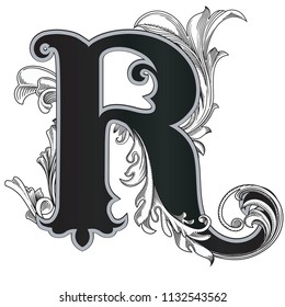 Vector illustration of uppercase letter with decorations isolated on white background.Elegant  antique Letter R with baroque ornamentation. Elegant black capital letter to use monograms, logos,emblems