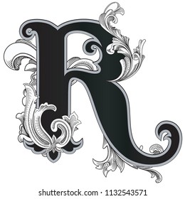 Vector illustration of uppercase letter with decorations isolated on white background.Elegant  antique Letter R with baroque ornamentation. Elegant black capital letter to use monograms, logos,emblems