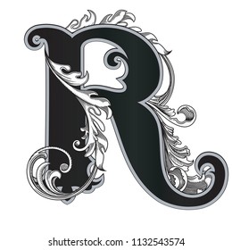 Vector illustration of uppercase letter with decorations isolated on white background.Elegant  antique Letter R with baroque ornamentation. Elegant black capital letter to use monograms, logos,emblems