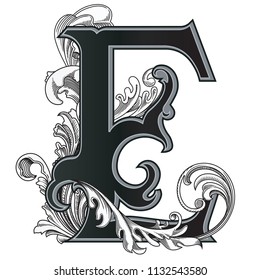 Vector illustration of uppercase letter with decorations isolated on white background.Elegant  antique Letter E with baroque ornamentation. Elegant black capital letter to use monograms, logos,emblems